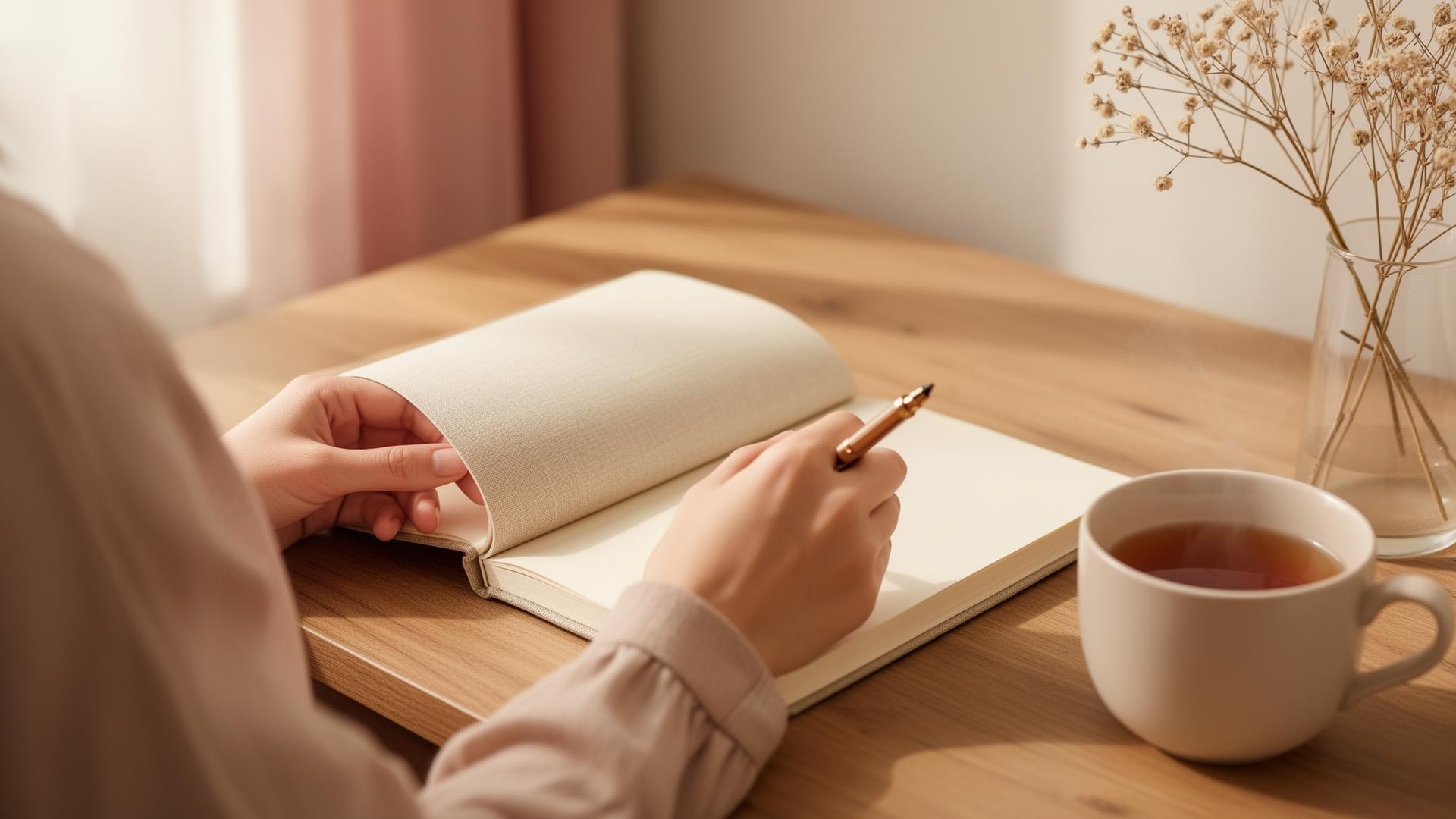 Hands writing in a linen-bound journal in soft morning light